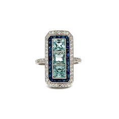 Platinum Square Blue Zircon Sapphire & OEC Rectangular Rectangular Diamond Ring, Platinum Ring, Blue Zircon, Jewelry Repair, Ring Collections, Oval Diamond, Austin Texas, Estate Jewelry, Watch Design