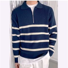 New Without Tags. Super Soft Navy Blue And White Striped 1/4 Zip Pullover Sweater. 60% Cotton, 40% Polyester. Machine Washable. Sweater Outfits Men, Zipper Sweater, Mens Casual Dress Outfits, Men Stylish Dress, Loose Long Sleeve, Mens Outfit Inspiration, Streetwear Men, Zippered Sweater