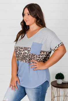 Sky Blue Color Block Splicing Striped Leopard Plus Size Tee Plus Size Tees, Leopard Fashion, Color Block Top, Top For Summer, Lightweight Tops, Plus Size Top, Womens Size Chart, Clothing Size Chart, Dress Size Chart