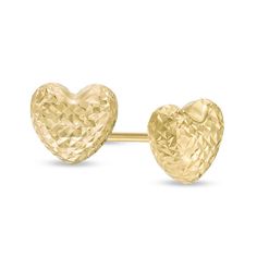 Shimmering and sweet, these charming heart stud earrings accentuate her femininity. Crafted in warm 14K gold, each petite puffed heart is covered with sparkling diamond-cut details. Ready to complete her tailored attire with ease, these post earrings are polished to a bright shine and secure comfortably with friction backs. Puffed Heart, Heart Stud Earrings, Heart Studs, Accessories Jewelry Earrings, Heart Earrings Studs, Sparkle Diamonds, Earring Backs, Accessories Jewelry, Diamond Cut