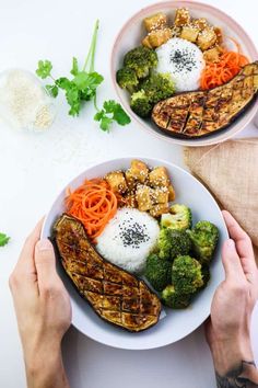 two hands holding a white plate with broccoli, carrots and chicken on it