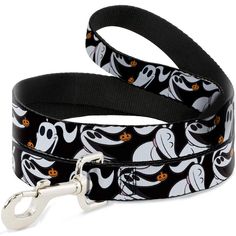 a black and white dog leash with ghost faces on it, one side has a metal hook