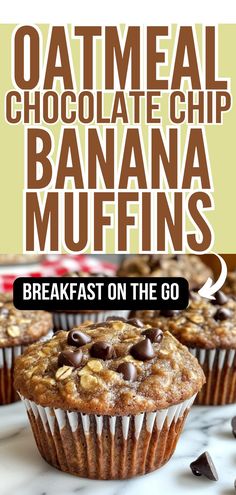 some chocolate chip banana muffins are sitting on a white plate with the words, breakfast on the go