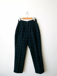 "Vintage Black Watch Tartan Plaid High Waisted Tapered Pants. Measurements Length          : 39\" Waist             : 25\" Hips              : 40\" Rise               : 13\" Inseam          : 26 1/2\" Condition     : Gently used. There's no stains or holes. Good condition. ※Please read the policy before you purchase※" Vintage Plaid Bottoms For Work, Vintage Plaid Pants For Work, Vintage Green Pants For Fall, Black Watch Tartan, Tapered Pants, Tartan Plaid, Jumper Sweater, Ribbed Sweater, Black Watch