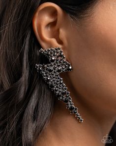 Featuring black rhinestones, a pair of airy silver lightning bolts flicker and flash along the ear for a dazzling design. Earring attaches to a standard post fitting. Sold as one pair of post earrings. Edgy Black Earrings For Party, Edgy Black Party Earrings, Edgy Pierced Earrings For Party, Sparkling Black Earrings For Party, Lightning Bolt Earrings, Lightning Bolts, Black Gems, Unisex Necklace, Black Accessories