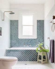 a white toilet sitting next to a bath tub in a bathroom with blue tiles on the walls