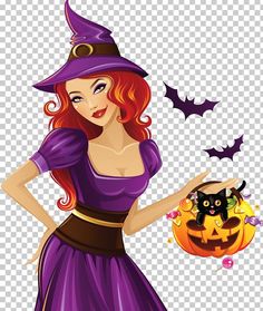 a woman dressed as a witch holding a black cat in her hand, while wearing a purple