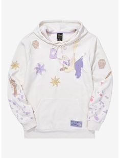 a white hoodie with cartoon characters on it