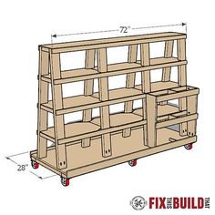 a wooden shelf with two drawers on the bottom and one drawer on the top, measurements for