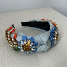 Statement Wrap Headband With Jewels Adjustable Blue Headband For Spring, Casual Blue Headband For Spring, Blue Headband For Summer Beach, Blue Summer Headband For Beach, Blue Summer Beach Headband, Wrap Headband, Jeweled Headband, Color Blue, Hair Accessories