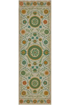 a rug with an ornate design on the front and back side, in blue, green,