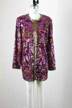 "This is a wow..with soo much sparkle!! Gold is the accent color and there are pinks and purples..really a beautiful piece!! a Long jacket, and in excellent condition! Measuring: 30\" length Width: 42\"+ Sleeves: 24\" Pet Free/smoke Free Enjoy!" Sequin Jacket, Cute Jackets, Jacket Long, Long Jacket, Sequin Beading, Jacket Vintage, Sequin Top, Dolman Sleeve, Holiday Dresses