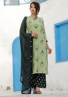 Green Block Print, Block Printed Kurta, Designer Kurta, Boho Party, Printed Kurti, Dupatta Set, Chiffon Dupatta, Set Style, Bohemian Design