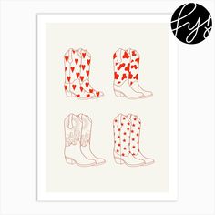 four pairs of cowboy boots with hearts on them, in red and white printable paper