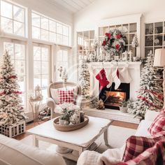 a living room decorated for christmas with white furniture and plaid stockings on the mantel