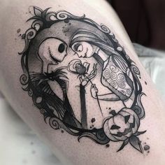 Discover 15 Captivating Jack and Sally Tattoos - Embrace the Gothic Romance of 2024 Lucy And Ricky Tattoo, Nightmare Before Christmas Tattoo Jack And Sally, Tim Burton Back Tattoo, Jack N Sally Tattoos, Jack And Sally Tattoo Design, Sally And Jack Tattoo, Jack And Sally Tattoo Ideas, Sally Tattoo Tim Burton