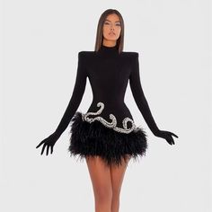 Size: S Feather Ball Gown, Mini Feather Dress, Unique Mini Dresses, Socialite Style, Feather Skirt, Exquisite Gowns, Perfect Little Black Dress, Performance Dresses, Crystal Design