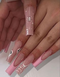 Cute Halloween Nails With Gems, Dog Groomer Acrylic Nails, Pretty Pink Nails Acrylic Long, Retro Aesthetic Nails, Jewel Spider Nails, French Tip Nails With Design Birthday, Spooky Glam Nails, Long Square Gel X Nails, 1 Year Anniversary Nail Ideas