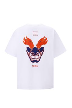 a white t - shirt with an orange and blue graphic on the front, featuring two red