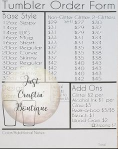 an order form for the best crafting boutique in town, with prices and instructions