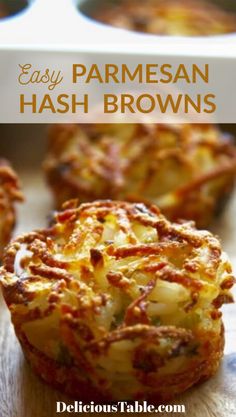 an easy parmesan hash browns recipe is shown in the foreground with text overlay