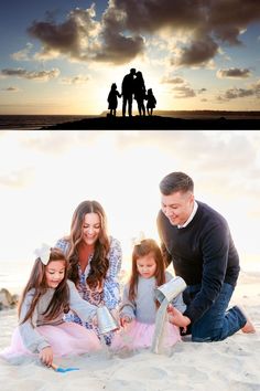 a family sitting on the beach at sunset and in front of an image of their parents