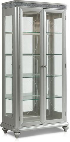 a silver display cabinet with glass doors