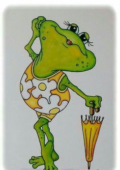 a cartoon frog holding an umbrella in his hand