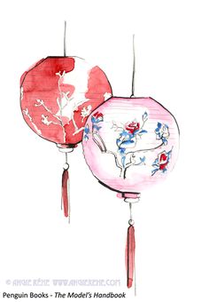 two red and white chinese lanterns hanging from strings with flowers on them, painted in watercolor