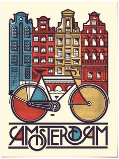 an illustration of a bicycle with buildings in the background and text that says amsterdam on it