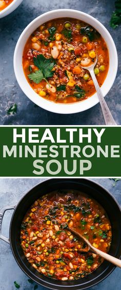 healthy minestone soup in a bowl with spoons