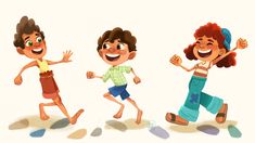 three children are running and laughing in the same direction, with one child holding his hand out