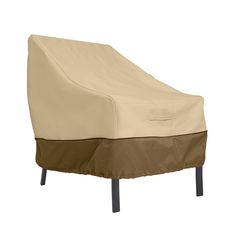 an outdoor chair covered with a tan and brown cover