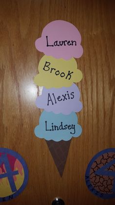 an ice cream cone with name labels on it