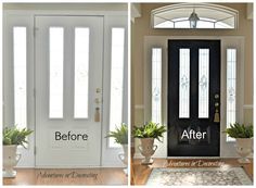 before and after photos of a front door that has been painted black with white trim