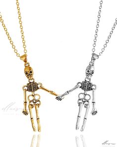 Elluis - Halloween Skeleton Couple Necklaces Set - A Pair of Exquisite Handcrafted Jewelry Pieces Metal Necklaces With Lobster Clasp For Halloween, Metal Necklace With Lobster Clasp For Halloween, Halloween Metal Necklace With Adjustable Chain, Nickel-free Metal Necklace For Halloween, Adjustable Gold Jewelry For Halloween, Gold Metal Necklace For Halloween, Gold Metal Jewelry For Costume Party, Adjustable Necklaces For Halloween Costume Party, Gold Skull Necklace For Halloween