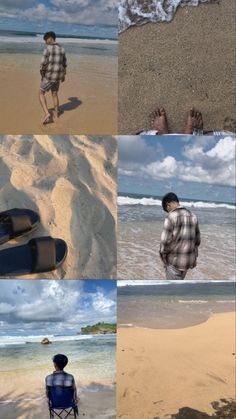 a collage of photos with people on the beach