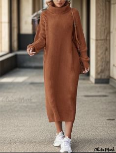 Olivia Mark - Womens Knee-Length Knitted Turtleneck Dress - Loose-fit, Casual, Sweater Dress with Overcoat Crochet Winter Dresses, Dress For Winter, Knitted Sweater Dress, Knitted Turtleneck, Fall Sweater Dress, Woolen Dresses, Winter Wardrobe Essentials, Sweater Dress Outfit, Stylish Fall Outfits