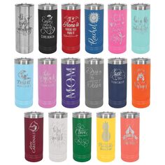 many different colored stainless steel tumblers with the names of each drinker on them