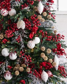 a decorated christmas tree with red and white ornaments