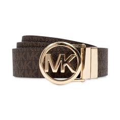 Give your look signature style with logo-splashed belt from MICHAEL Michael Kors-accented with the iconic MK monogram and a gleaming, golden buckle..Approximate width: 1-1/4 inches.Logo print body with gold-tone MK buckle.XS: 28'; S: 31'; M: 34'; L: 40'; XL: 42'; XXL 43'.Also available in Plus Sizes.Synthetic leather.No visible product care.Imported Modern Brown Belt With Logo Plaque, Modern Gold Belt With Metal Logo, Designer Brown Belt With Metal Logo, Luxury Brown Belt With Metal Logo, Mk Monogram, Michael Kors Clothes, Formal Loafers, Style Instagram, Faux Leather Belts