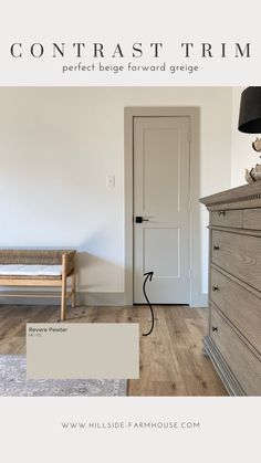 a room with white walls and wood flooring that has the words contrast trim on it