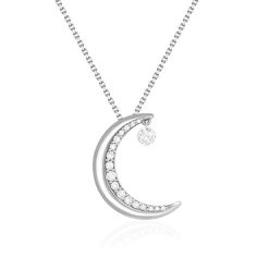 Moon and Star Shimmer Pendant – Na Hoku Diamond Necklace With Moon Charm For Anniversary, Celestial Moon Phase White Gold Necklace, Celestial White Gold Moon Phase Necklace, Celestial White Gold Necklaces With Diamond Accents, Celestial White Gold Necklace With Diamond Accents, Celestial Diamond Necklaces For Formal Occasions, Celestial Style 14k White Gold Necklace, Celestial Diamond Necklace For Formal Occasions, Celestial Style Diamond Necklace For Formal Occasions