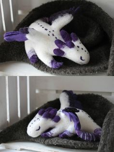 two pictures of stuffed animals in a cat bed with purple and white designs on them