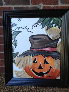 a painting of a pumpkin wearing a hat