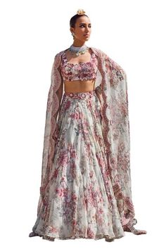 Light grey attached cancan organza lehenga with all-over multi colored floral prints highlighted with 3D embellishments. Comes with 3D floral embellished padded blouse and a printed, scallop-bordered organza dupatta. - Aza Fashions Bohemian Floral Print Choli For Wedding, Bohemian Fitted Anarkali Set With Sheer Dupatta, Bohemian Fitted Sharara With Sheer Dupatta, White Floral Print Choli For Reception, Bohemian Fitted Choli With Sheer Dupatta, Fitted Floral Print Lehenga For Wedding, Fitted Floral Print Traditional Wear For Reception, Fitted Floral Print Traditional Wear For Weddings, Fitted Floral Traditional Wear For Reception