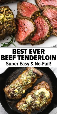 Beef tenderloin sliced on a plate and cooked in a skillet. Slow Roasted Beef Tenderloin, Tenderloin Recipes