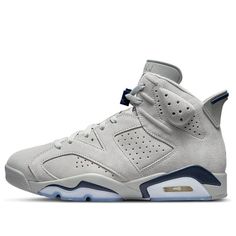 The classic Air Jordan 6 Retro Georgetown 2022 is here! This iconic sneaker speaks to all passionate basketball fans. Paying homage to the Hoyas, this shimmering silhouette is characterized by its signature colors: a gray suede upper with perforated detailing and a Huarache-like inner sleeve, accented with navy touches on the heel tab, lace locks, and Jumpman branding on the tongue and back heel. The midsole is constructed from two-tone polyurethane for optimal cushioning, featuring a visible Air-sole unit in the heel and a translucent rubber outsole for traction. Step up your style game with these classic men’s sneakers and make sure you are always at your best on or off the court. (AJ6/SNKR/Men's/High Top/Basketball/Wear-resistant) Sporty Suede Basketball Shoes With Boost Midsole, Casual Suede Low-top Basketball Shoes, Gray High-top Sneakers With Perforated Toe Box For Sports, Gray High-top Sneakers With Perforated Toe Box, Custom Gray Sneakers With Perforated Toe Box For Sports, Custom Gray Sneakers For Sports With Perforated Toe Box, Casual Suede Basketball Shoes With Boost Midsole, Sporty Suede Basketball Shoes, Gray Suede Sneakers With Boost Midsole