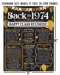 a black and gold poster with the words back in 1974 happy class reunion on it