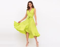 "Green cotton sleeveless wrap dress, bridesmaid dress, romantic dress, mid-calf dress, summer dress,asymmetrical vacation dress,holiday dress Dress style - Wrap dress Material - 100% cotton IMPORTANT INFORMATION PAYMENTS There is no need to have an account on PayPal to pay for your order on Etsy. You can pay by your _credit card_. This is how to do that: when you get to the PayPal payment page, please click the button \"Pay with a Bank Account or Credit Card\" (below blue \"Log In\" button). Tha Summer Maxi Wrap Sundress, Green Wrap Dress For Spring Garden Party, Long Summer Wrap Dress For Vacation, Long Wrap Dress For Summer Vacation, Summer Vacation Long Wrap Dress, Sleeveless Tea Length Dress For Summer Garden Party, Summer Bridesmaid Dress With Asymmetrical Hem, Spring Green Midi Wrap Dress, Sleeveless Wrap Dress For Spring Vacation